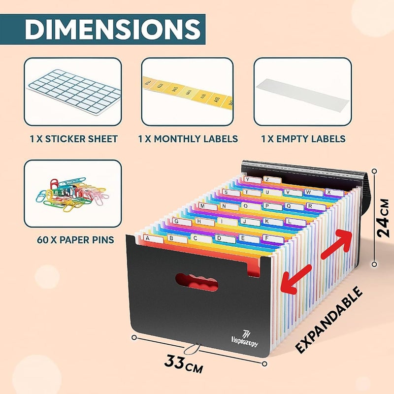 Heptazopy Plastic Accordion File Organizer, 26 Pockets Expandable File Folder Organizer, A4 Letter Size Filing Organizer with Colorful Tabs, Elastic Cord, 60 Paper Clip, Label & Stickers for Office School Home - Image 2